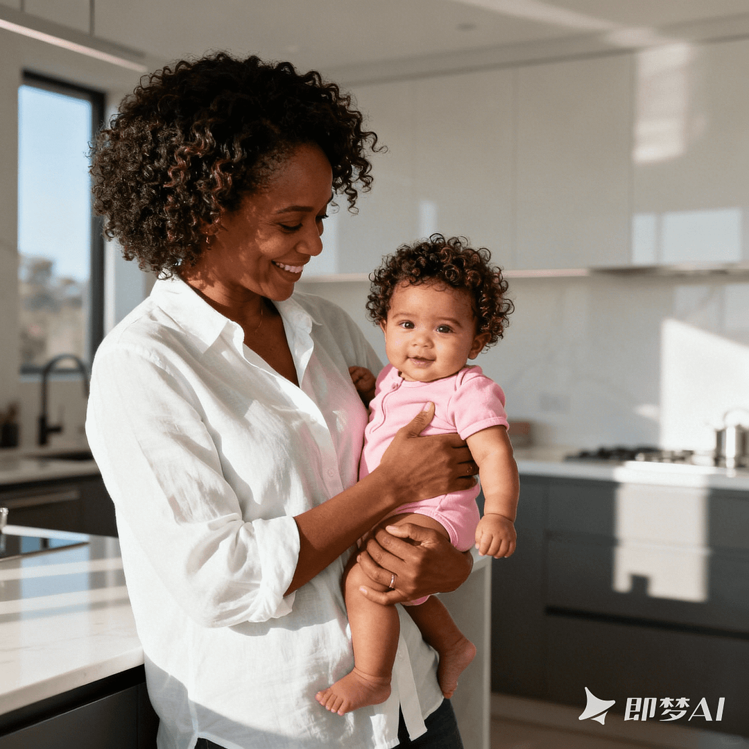 jimeng 2025 12 01 5820 一位中年的黑人母亲，卷发，穿着白色衬衫，抱着一个约8个月大的卷发婴儿，孩子穿着粉...