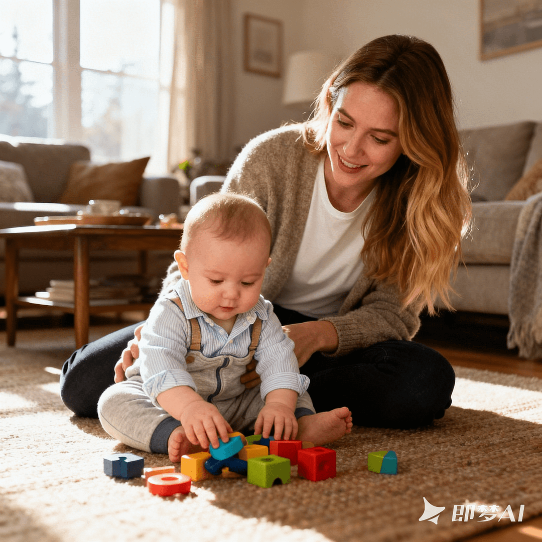 jimeng 2025 12 01 9360 写实摄影风格，一位外国母亲陪孩子在地板上玩耍的画面，孩子7个月大左右，母亲是年轻...