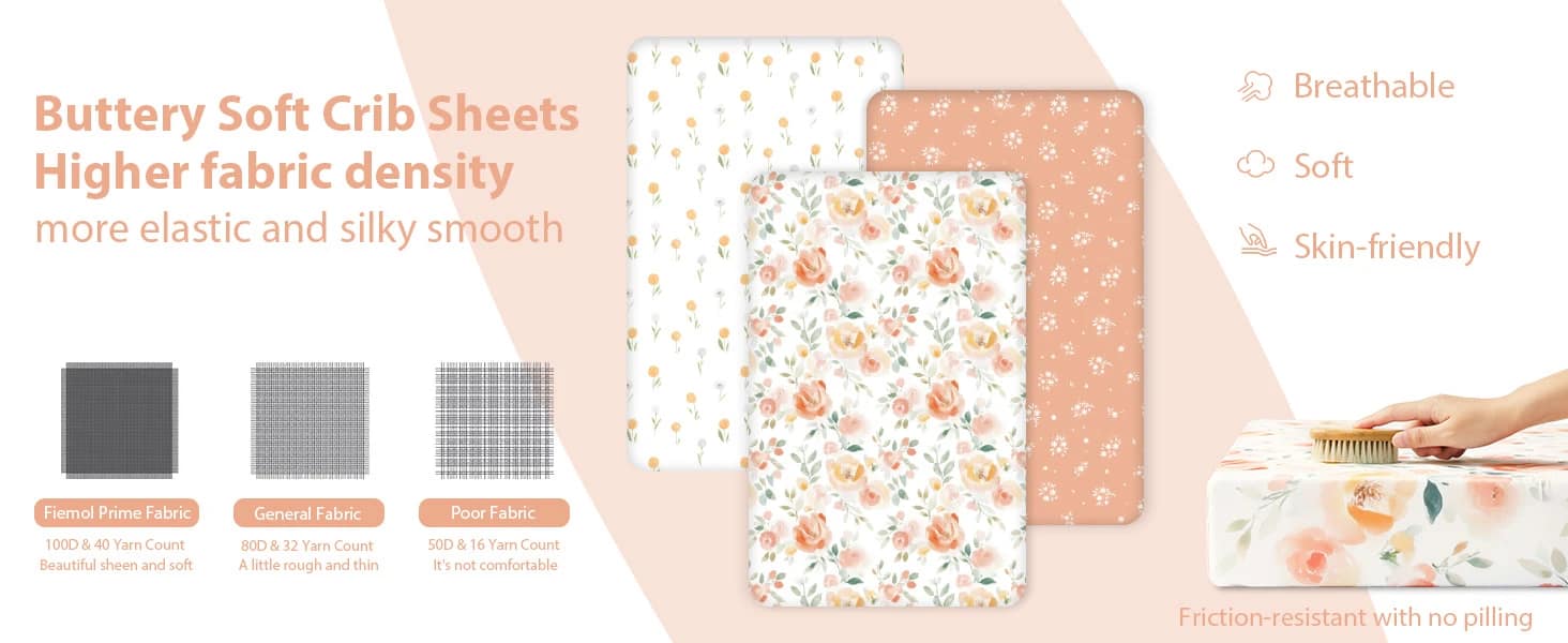 Fitted Sheet for Baby Crib 52” x 28” Baby Bedding Crib Sheets 3 Pack Orange Watercolor Flower PC A12